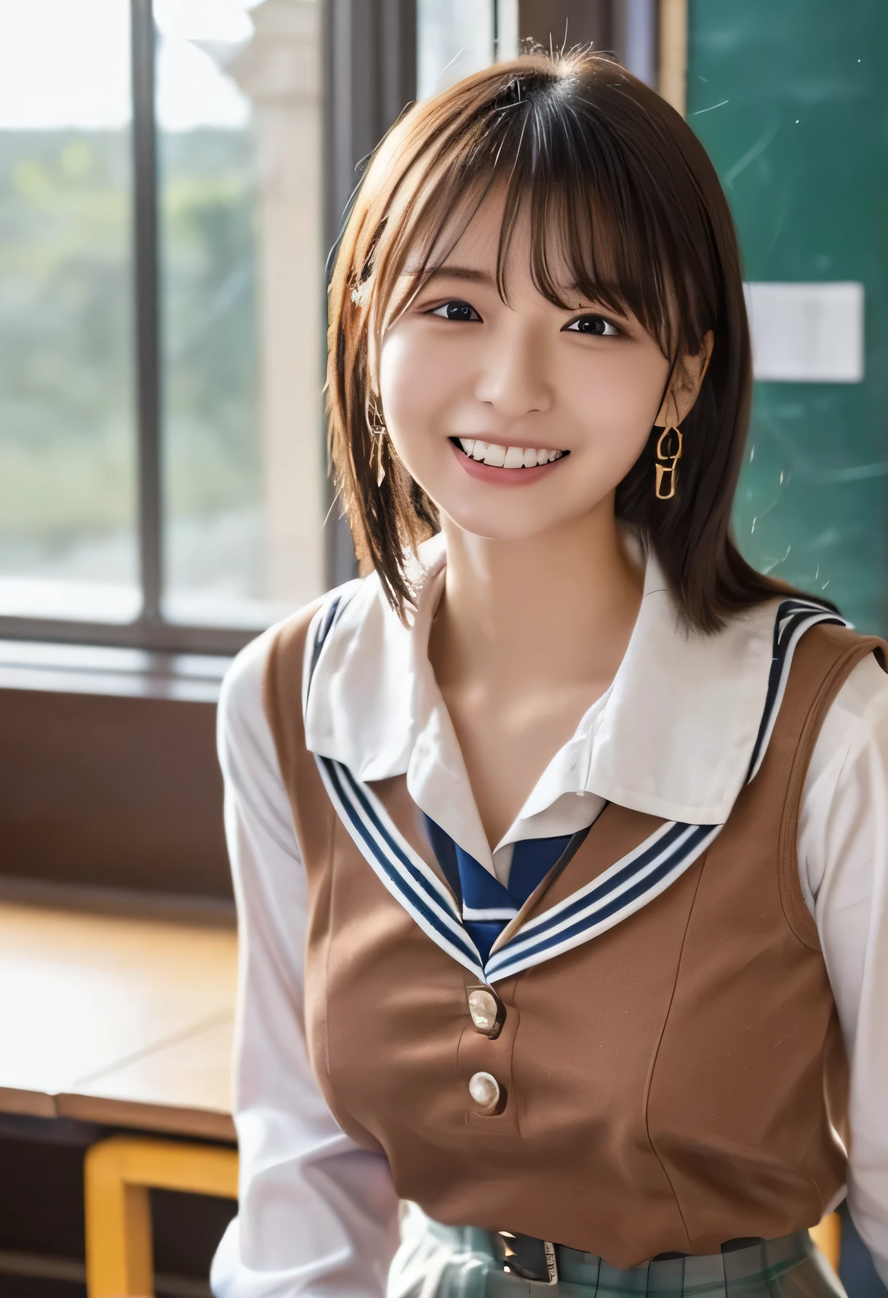 One Girl, (Put your hands on the desk and stick your butt out、School classroom、服の上からでもわかるVery large breasts、School white summer shirt、school summer uniform、Beautiful girl, A seductive expression、Delicate girl:1.3), (24-years-old:1.3),（Smiling with teeth showing、Cute smiling eyes、Cute loose perm、Braid only the bangs、Fluffy hair、Medium Short Hair、Wrapping a leather belt、Wear a checked miniskirt、Round and ample breasts、Curved waist、Photo from the waist up:1.4）
Very beautiful eyes, (School uniforms:1.3), (Very large breasts:0.5), Brown eyes, Parted bangs, Light brown hair,
, A face of ecstasy、(The expression of ecstasy、A face of ecstasy:1.0),
, (masterpiece, Highest quality, Super detailed, Detailed face, 8k)