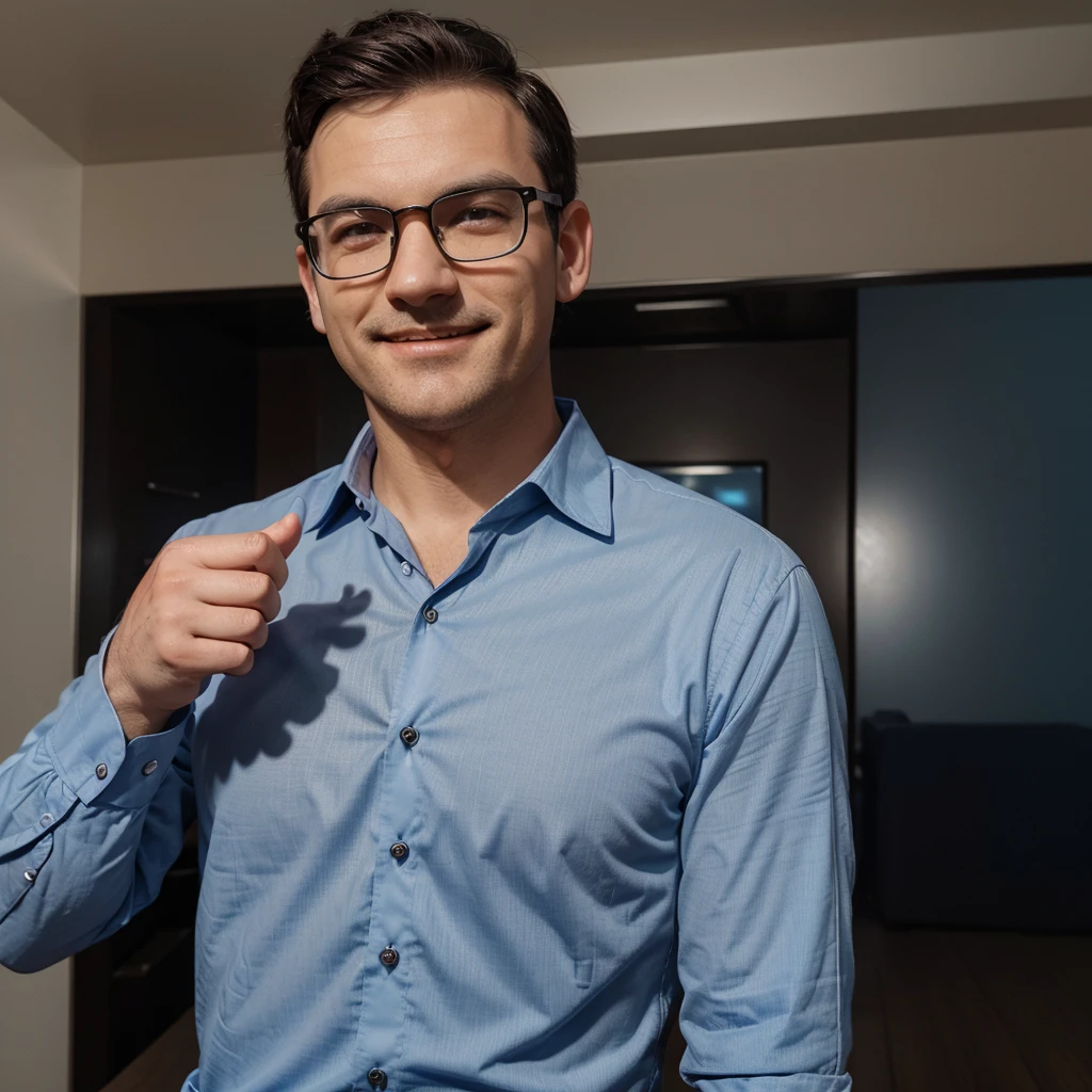 3d avatar pixar style man with dark square frame glasses, dark and slanted eyes, short dark hair with gray highlights, light blue dress shirt on the chest written the word "transandina express" long sleeve, Cowboys, He smiles quietly and makes a "thumbs up" left hand gesture. wide oval face round nose small ear, chubby.