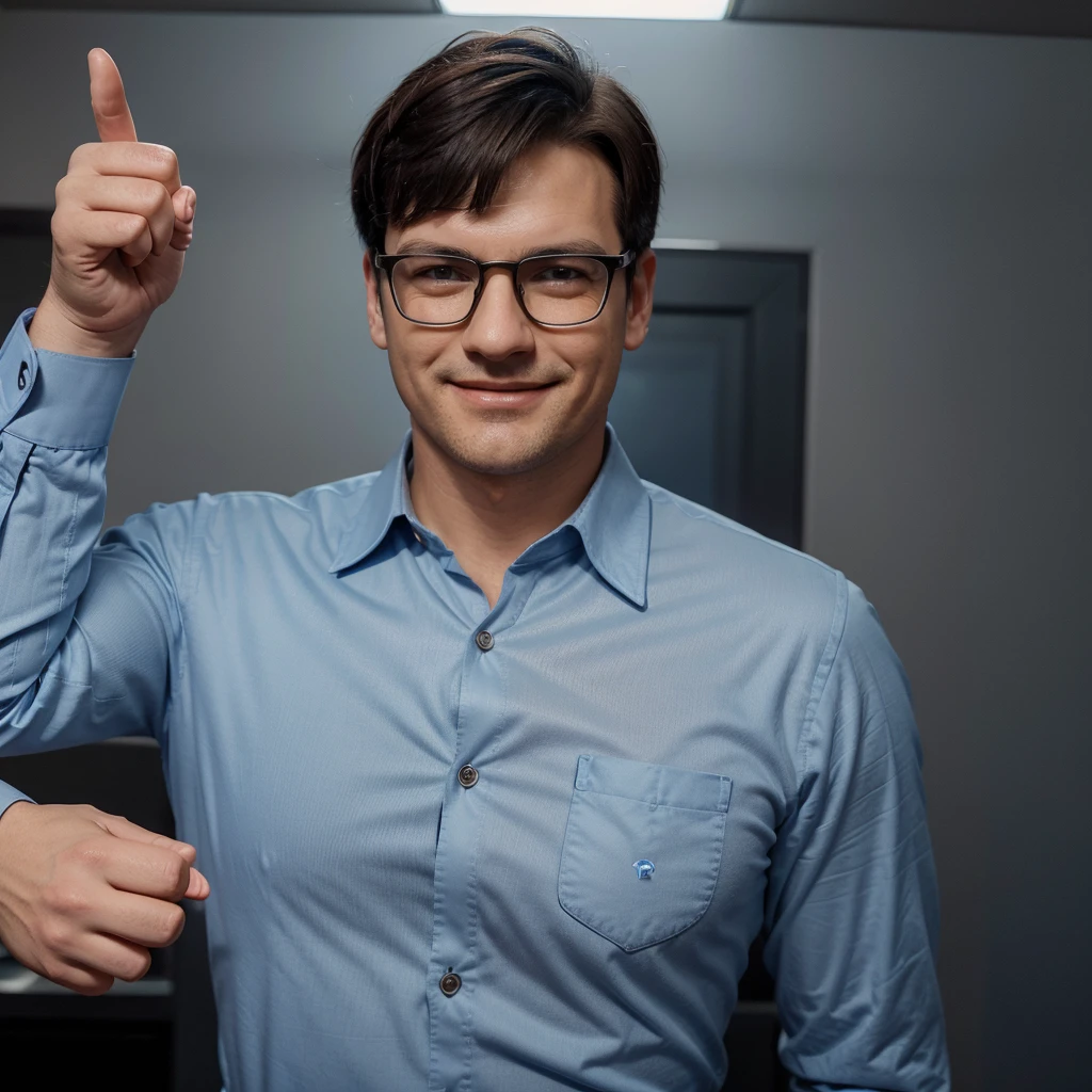 3d avatar pixar style man with dark square frame glasses, dark and slanted eyes, short dark hair with gray highlights, light blue dress shirt on the chest written the word "transandina express" long sleeve, Cowboys, He smiles quietly and makes a "thumbs up" left hand gesture. wide oval face round nose small ear, chubby.