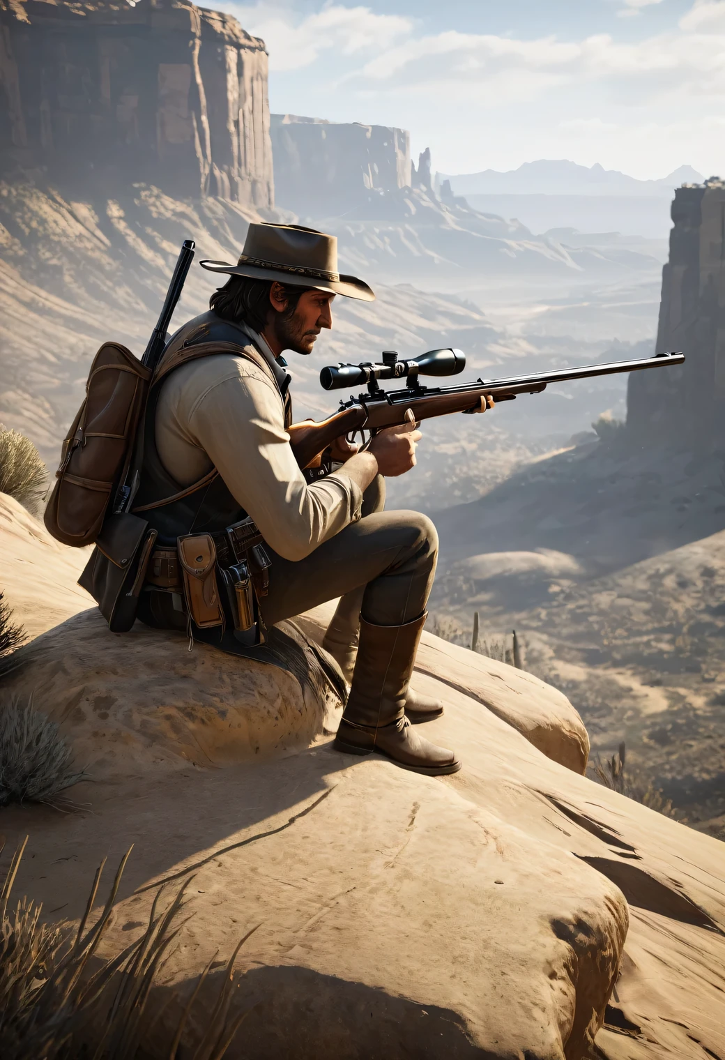 Sniper, RDR2 worldview, john marston kneeling on one knee from desert cliff top with right eye on sniper rifle scope, sniper rifle with 4x scope, western frontier, best composition, Masterpiece, Best Quality, high Detailes, intricate details, intricate detail texture, 
