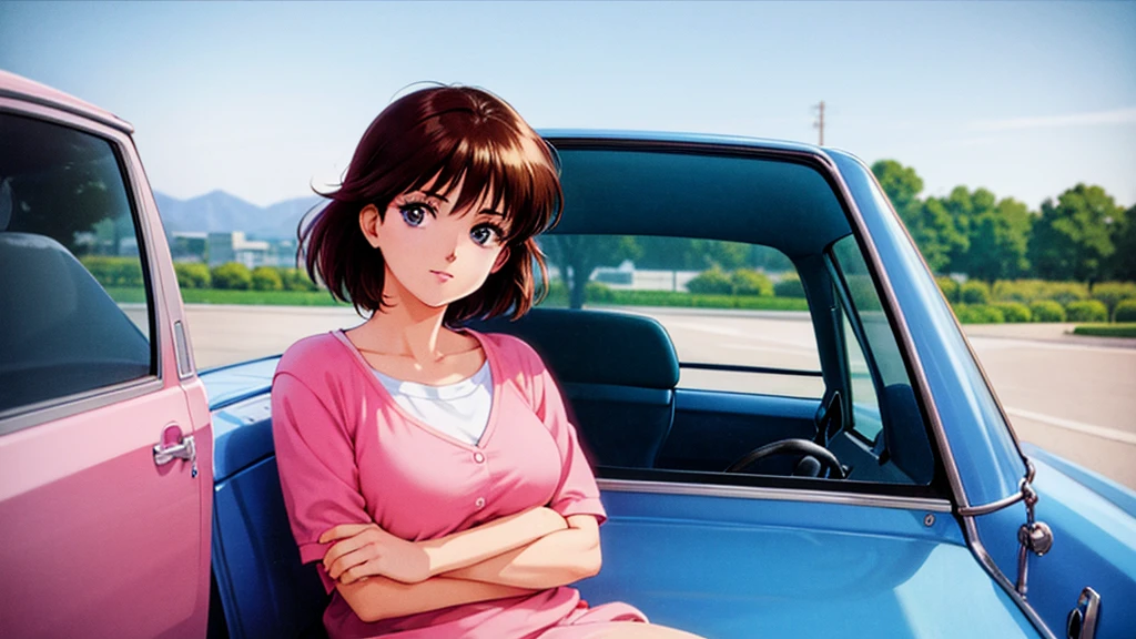 Create an anime-style image of an 80s city pop-style woman driving a car。The woman sits in the driver&#39;s seat、I&#39;m holding the steering wheel and looking ahead。She is dressed in 80s fashion、She wears big sunglasses and retro clothing.。Interior details include analog meters on the dashboard and a cassette tape deck.、Include items that evoke the 80s。The outside scenery is the night view of the city.、The neon lights are shining brightly。Vivid colors and warm lighting throughout、Recreate the atmosphere of 80&#39;s city pop。

