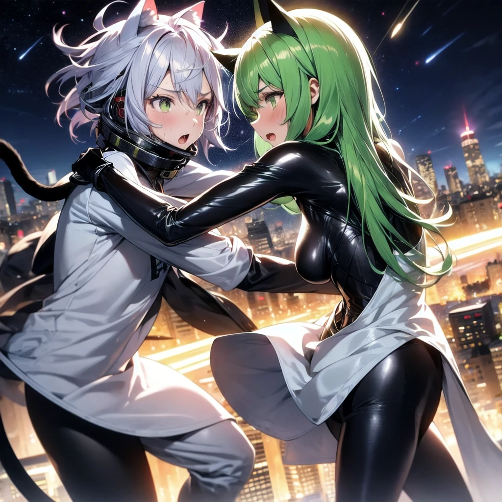 A silver-haired beautiful girl with cat ears eyes are green hair is silver and long clothes: a form-fitting black combat suit The fist is an afterimage The background is a city at night her is in a cat-like fighting pose The year is 14 years monitor, Dark Night, Sweat, Steam of Exhalation, Space, Battle, Dynamic Angle　one girl