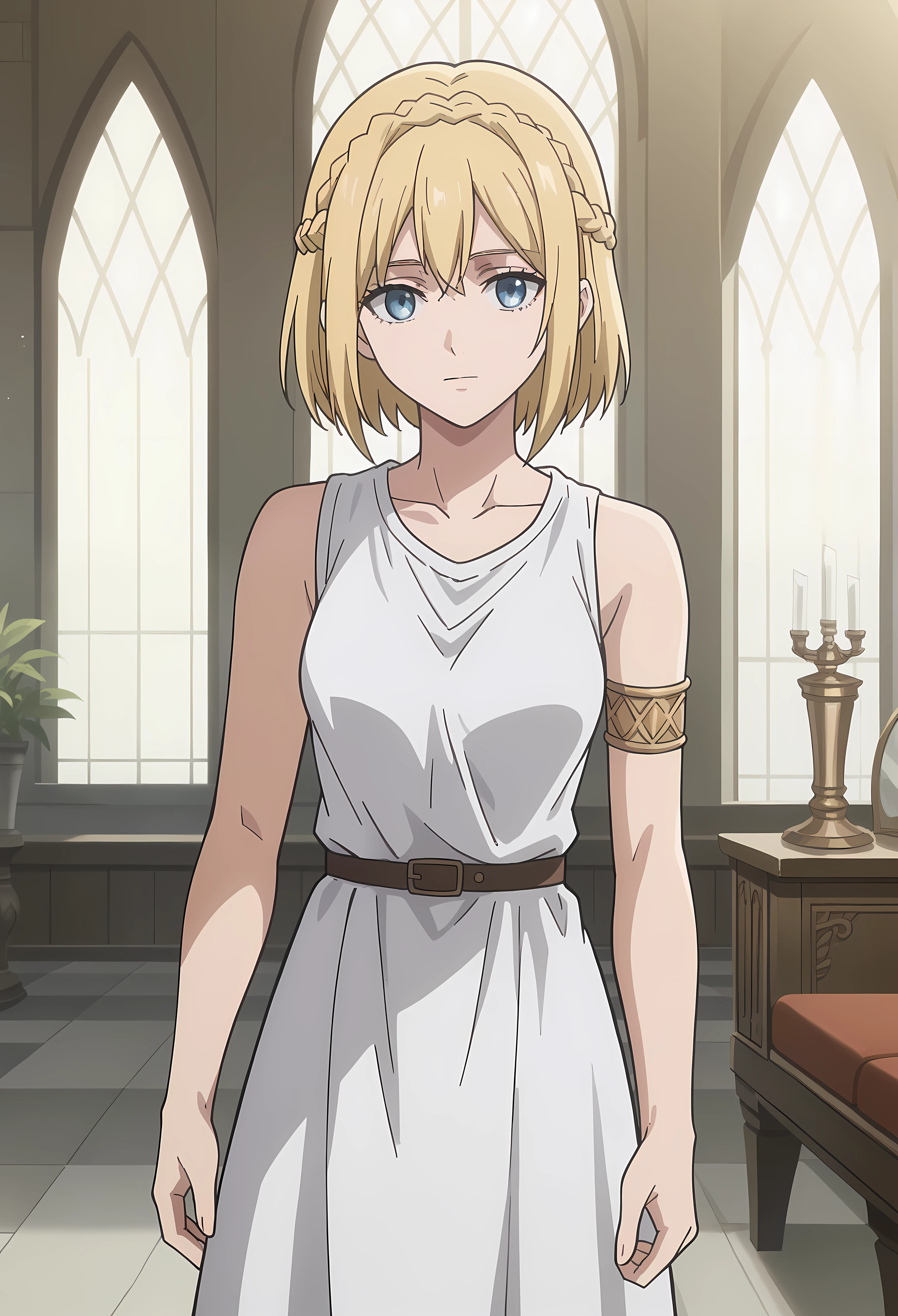 score_9, score_8_up, score_7_up, source_anime, best quality, high resolution, masterpiece, absurdres,vector trace,anime screencap, key art style, cinematic lighting, morning, 1girl, solo,  medieval, taint glass,blue eyes, blonde hair, medium breasts, sleeveless, collarbone, armlet, bare shoulders, long white royal tunic, throne room, formal, standing, historiaReiss, christa renz, , crown braid, ears, (very short hair), crown braid, fully braided hair, looking at viewer