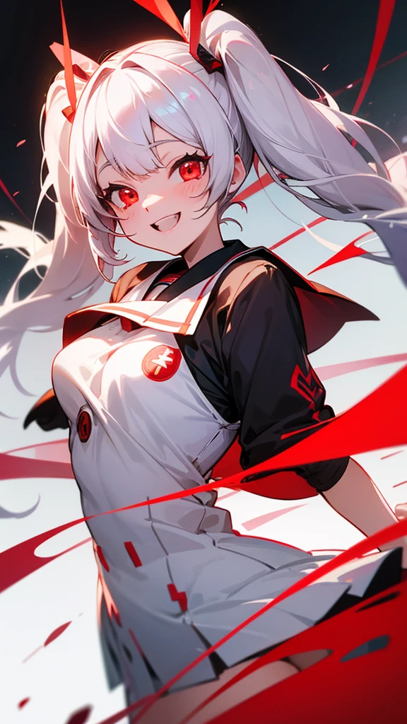 White hair twin tails red eyes girl cheerful smile classroom