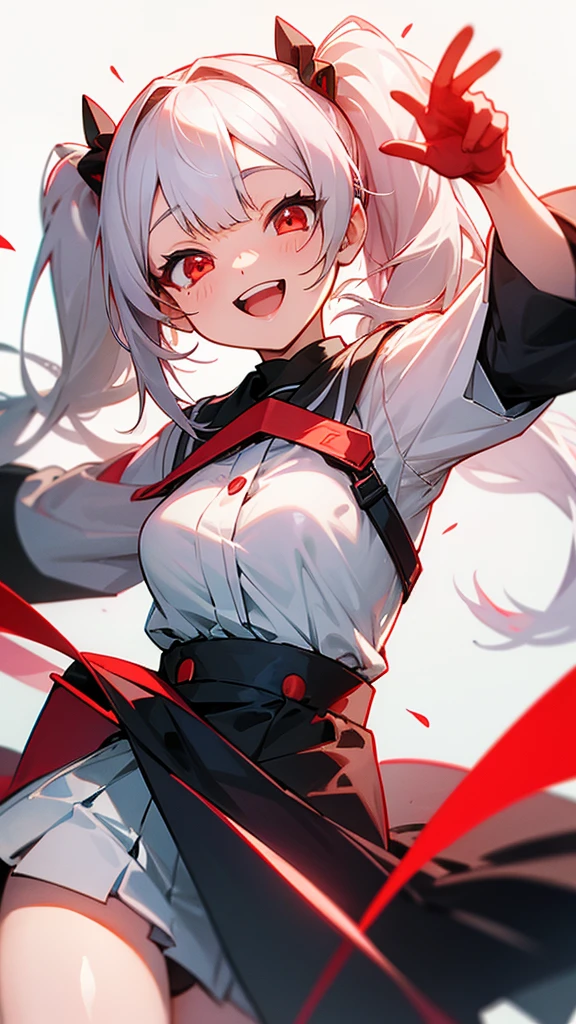 White hair twin tails red eyes girl cheerful smile classroom