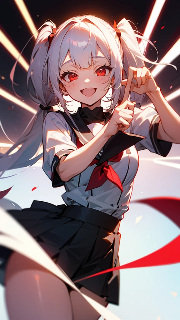 White hair twin tails red eyes girl cheerful smile classroom
