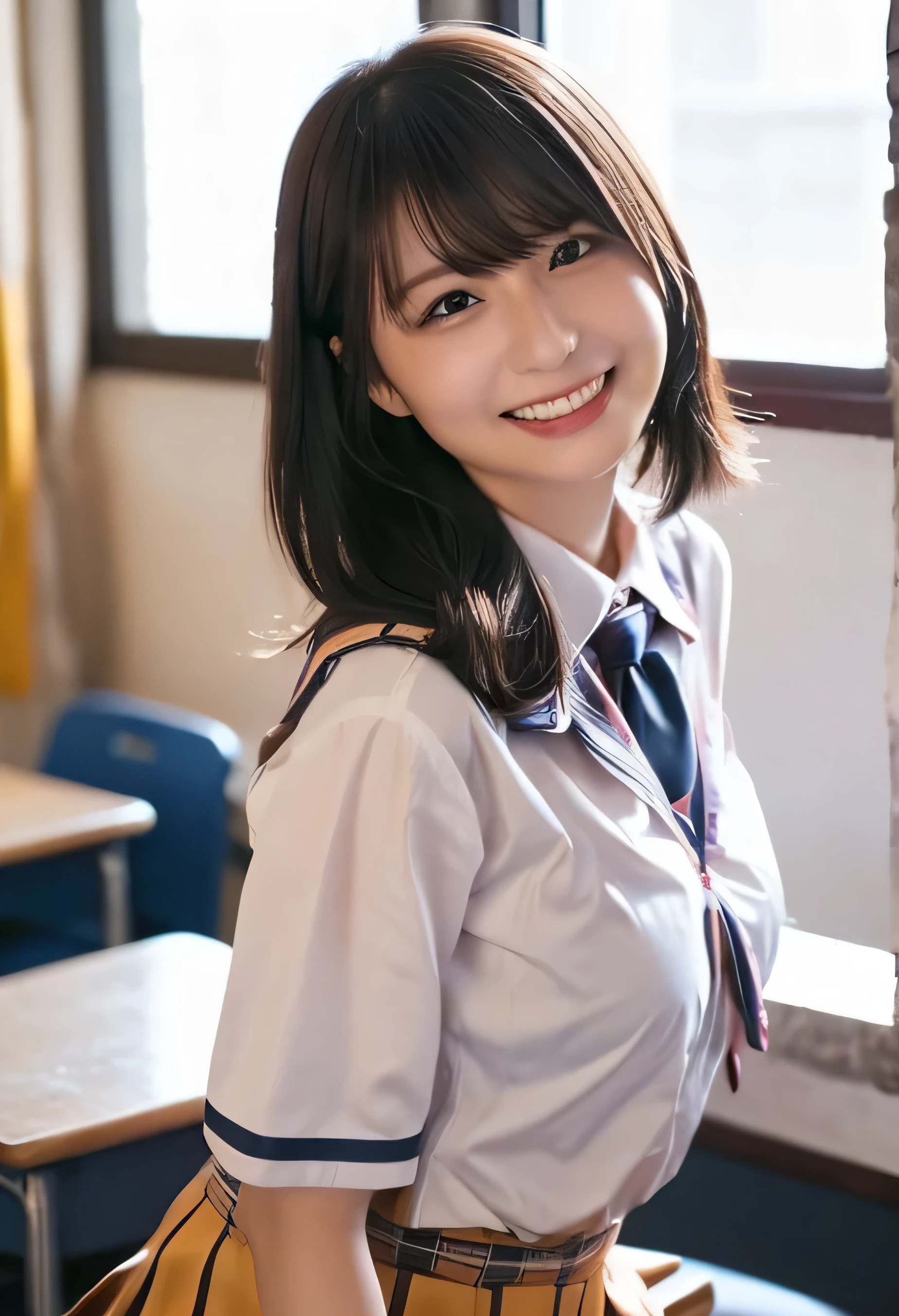 One Girl, (Put your hands on the desk and stick your butt out、School classroom、服の上からでもわかるVery large breasts、School white summer shirt、school summer uniform、Beautiful girl, A seductive expression、Delicate girl:1.3), (24-years-old:1.3),(Smiling with teeth showing、Cute smiling eyes、Cute loose perm、Braid only the bangs、Fluffy hair、Medium Short Hair、Wrapping a leather belt、Wear a checked miniskirt、Round and ample breasts、Curved waist、Photo from the waist up:1.4)
Very beautiful eyes, (School uniforms:1.3), (Very large breasts:0.5), Brown eyes, Parted bangs, Light brown hair,
, A face of ecstasy、(The expression of ecstasy、A face of ecstasy:1.0),
, (masterpiece, Highest quality, Super detailed, Detailed face, 8k)