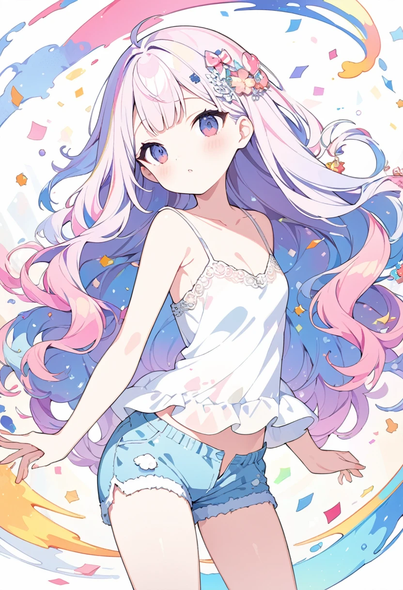 Momoko Sakura Style、8K quality、Intense watercolor,, Watercolor splash, Surreal, Avant-garde pop art, Beautiful and expressive paintings, Beautiful artwork illustration, Very colorful tones, wonderful, Cool Beauty, Highest quality、Official Art, Vector art, Stylish design, (((The most beautiful girl))), (Confetti),((Thin legs))、(((Highest quality))), High resolution, ((detailed)), (((Doodle Art)), ((masterpiece)), ((Super detailed)),(((camisole,Shorts))),,(Sexual)