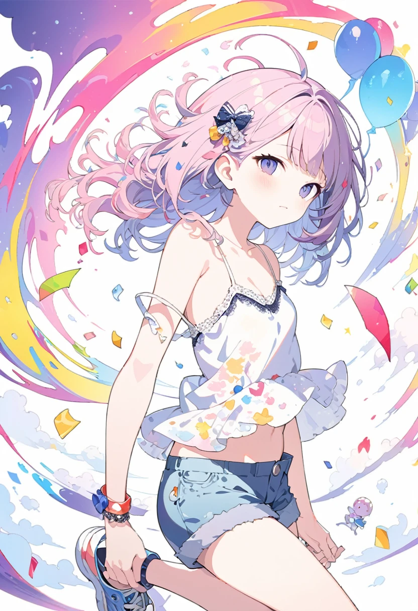 Momoko Sakura Style、8K quality、Intense watercolor,, Watercolor splash, Surreal, Avant-garde pop art, Beautiful and expressive paintings, Beautiful artwork illustration, Very colorful tones, wonderful, Cool Beauty, Highest quality、Official Art, Vector art, Stylish design, (((The most beautiful girl))), (Confetti),((Thin legs))、(((Highest quality))), High resolution, ((detailed)), (((Doodle Art)), ((masterpiece)), ((Super detailed)),(((camisole,Shorts))),,(Sexual)