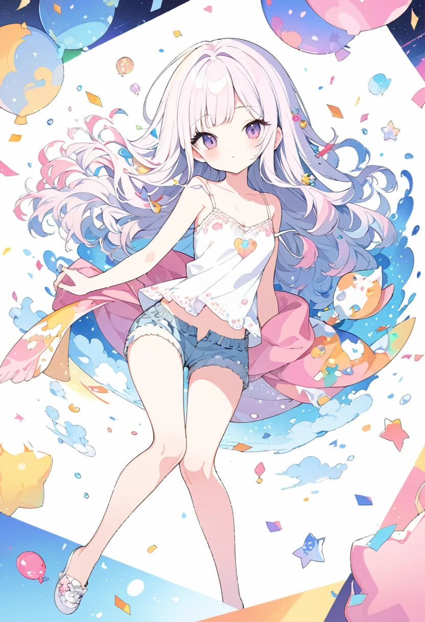 Momoko Sakura Style、8K quality、Intense watercolor,, Watercolor splash, Surreal, Avant-garde pop art, Beautiful and expressive paintings, Beautiful artwork illustration, Very colorful tones, wonderful, Cool Beauty, Highest quality、Official Art, Vector art, Stylish design, (((The most beautiful girl))), (Confetti),((Thin legs))、(((Highest quality))), High resolution, ((detailed)), (((Doodle Art)), ((masterpiece)), ((Super detailed)),(((camisole,Shorts))),,(Sexual)