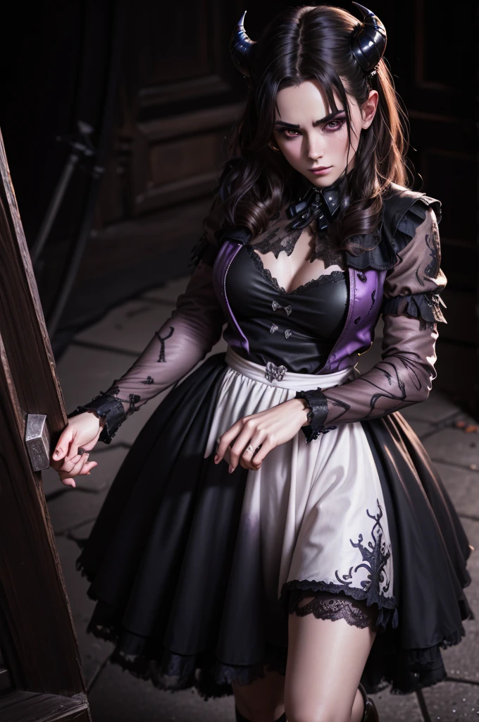 a demonic succubus woman with purple wings and tail, brown hair, golden eyes, thin purple horns, wearing a white dress with a leather jacket, fine facial features and almond-shaped eyes, (best quality,4k,8k,highres,masterpiece:1.2),ultra-detailed,(realistic,photorealistic,photo-realistic:1.37),digital painting,concept art,fantasy,dark fantasy,dramatic lighting,dramatic shadows,cinematic,moody,vibrant colors,glowing eyes
