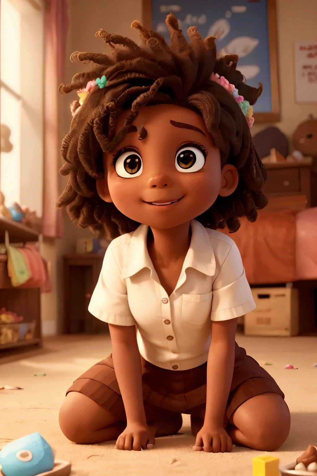 use this image with features from the film "Funny Mind 2" that she is all brown and has a desire to eat sweets and around her on the floor there are lots of lots of sweets and chocolate