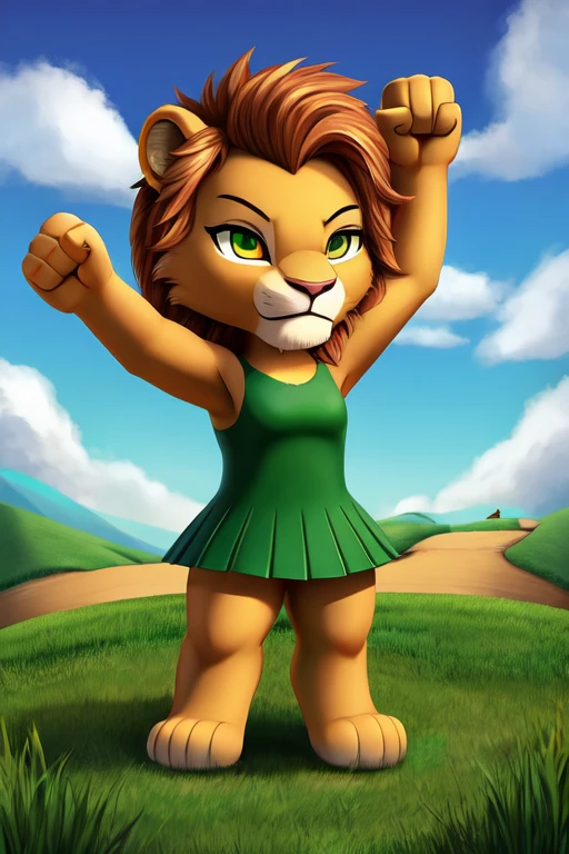 A tender little lion in front of a green hill raising her fist in victory but very tender 