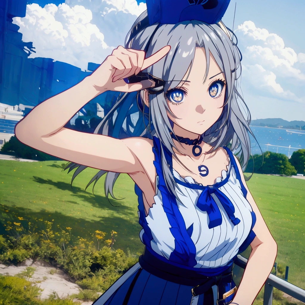 Golden Eyes、Golden Eyes、Anime girl with gray hair and blue clothes pointing at something, Realistic Anime 3D Style, Cute 3D anime girl render, Realistic young anime girl, Anime Style3D, Anime Style, Realistic anime art style, Anime Styleに, , Semi-realistic anime style, Smooth anime CG art, April Rendering, Photorealistic anime girl rendering