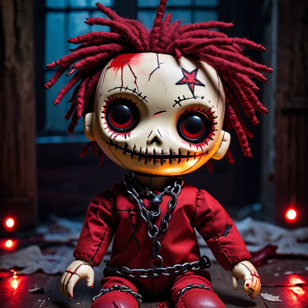 (knitted toy voodoo doll:1.5), (Voodoo Maniac:1.3), (Clothing: blood-stained jumpsuit with knife patterns:1.0), (Accessories: enchanted bloody knife emitting a red glow, floating chains:1.1), (background: dark, abandoned asylum with broken windows, flickering lights, and an atmosphere of pure terror:1.2), best quality, masterpiece, detailed soft oil painting, detailed background, dramatic cinematic lighting, soft edge lighting, professional, dramatic lighting, hard edge lighting, ultra quality, 4k, masterpiece, best quality, 8k, ultra high definition, high resolution, extremely detailed