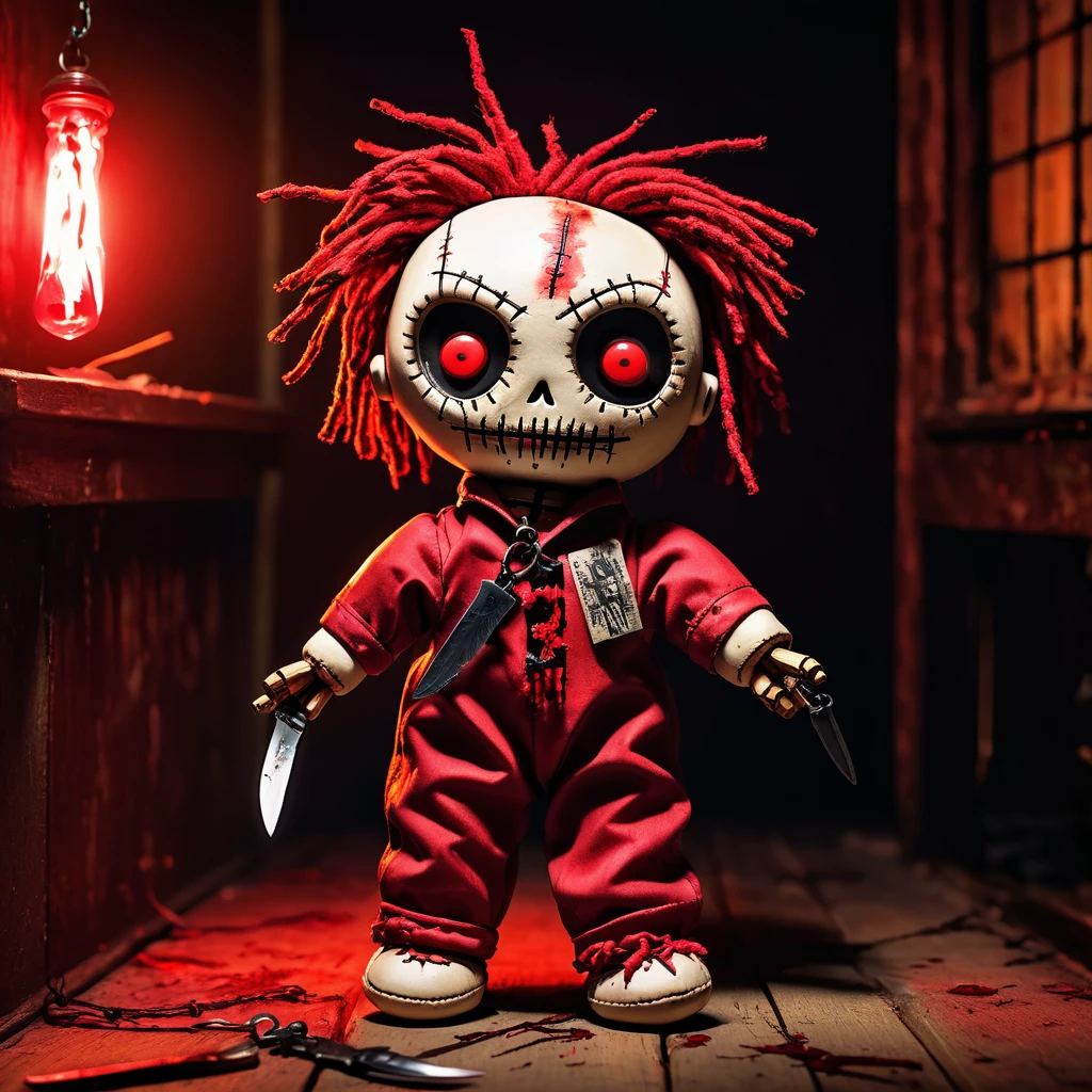 (knitted toy voodoo doll:1.5), (Voodoo Maniac:1.3), (Clothing: blood-stained jumpsuit with knife patterns:1.0), (Accessories: enchanted bloody knife emitting a red glow, floating chains:1.1), (background: dark, abandoned asylum with broken windows, flickering lights, and an atmosphere of pure terror:1.2), best quality, masterpiece, detailed soft oil painting, detailed background, dramatic cinematic lighting, soft edge lighting, professional, dramatic lighting, hard edge lighting, ultra quality, 4k, masterpiece, best quality, 8k, ultra high definition, high resolution, extremely detailed