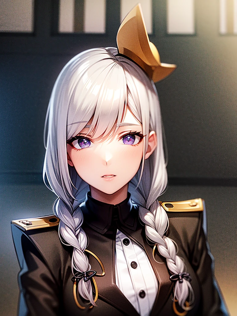 Create a man with the following characteristics: He is in a fairly elegant suit.,White hair tied in a braid and a white mask with purple spots