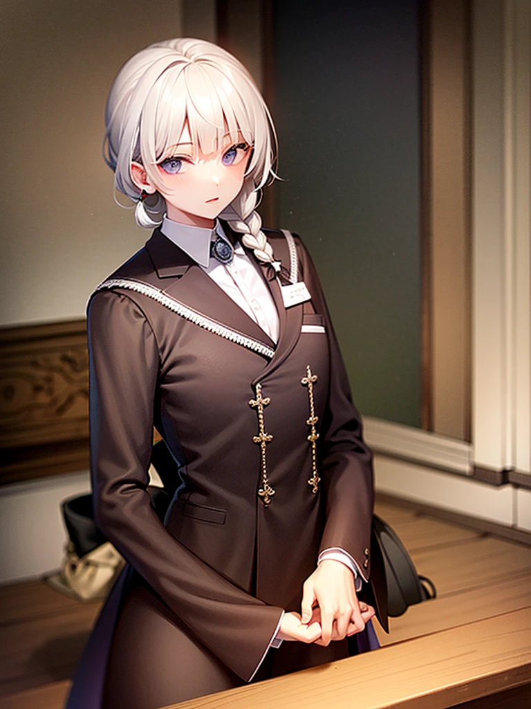 Create a man with the following characteristics: He is in a fairly elegant suit.,White hair tied in a braid and a white mask with purple spots