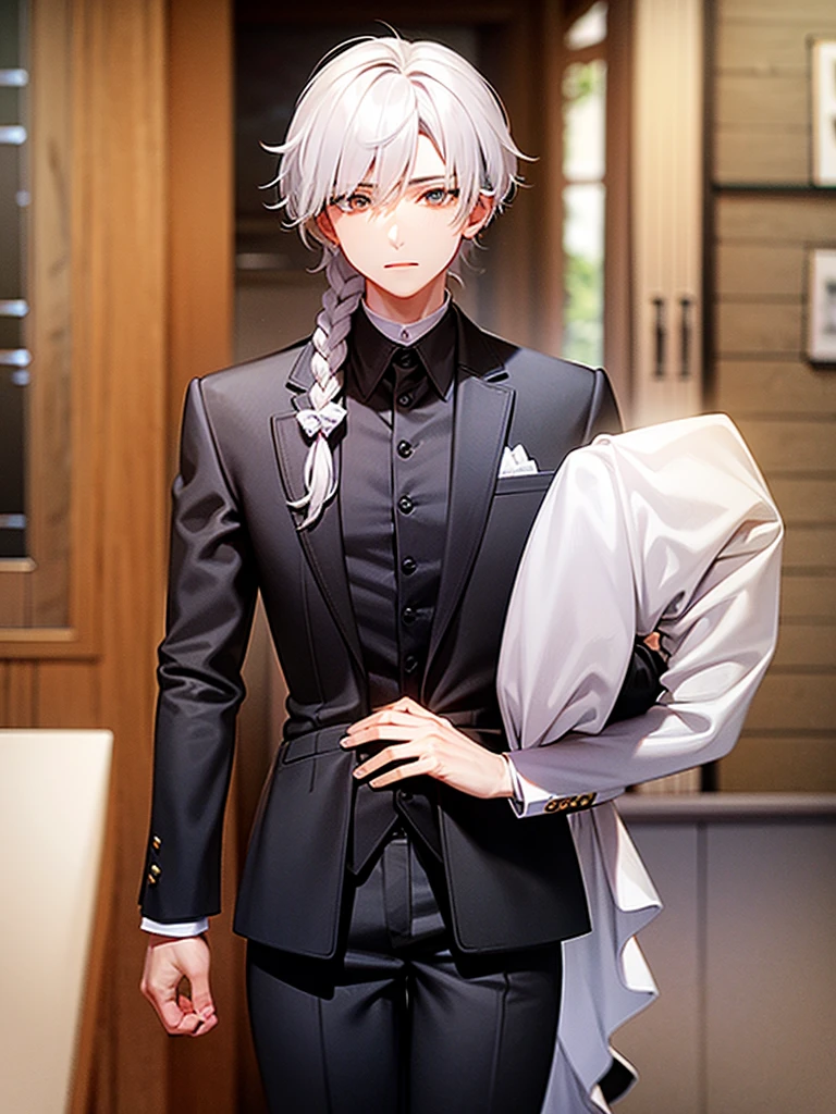 Create a man with the following characteristics: He is in a fairly elegant suit.,White hair tied in a braid and a white mask with purple spots