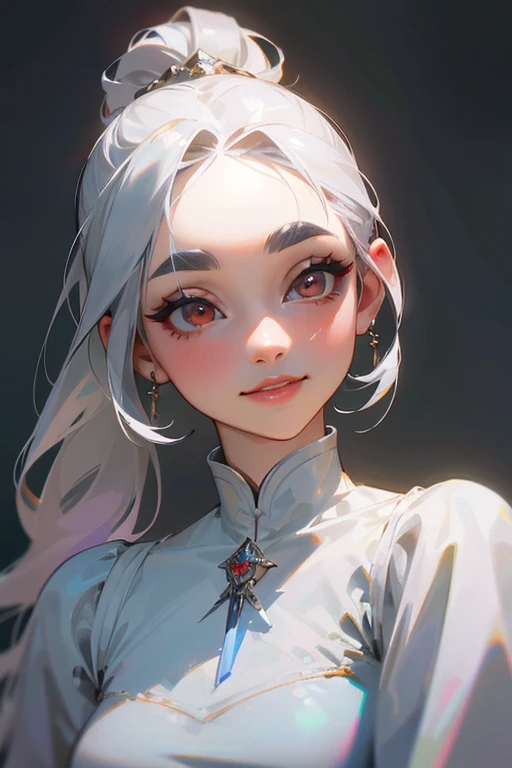 (Highest quality, masterpiece:1.2), High resolution, Very detailed, Realistic:1.37, Fantasy, An illustration,Gray Hair、 White eyes, Queen, White Dress.Platinum decoration、beautifully、Eyeshadow Red、Thick eyebrows、Long eyelashes、pupils are black、shiny on the lips、Top site、Queen、Princess、ponytail、A kind smile、Show your teeth a little and smile、Soft look、
