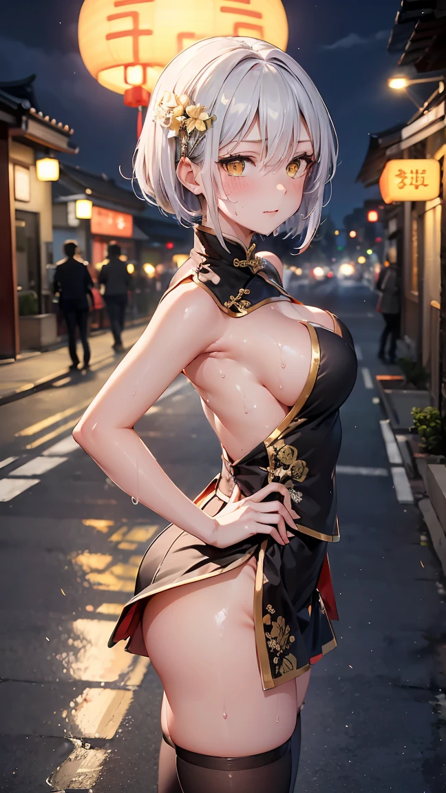 young girl , short silver bob hair, hair flower, sharp bangs between the eyes, yellow eyes, eyes large, confident looking. ((traditional chinese imperial clothes black with gold details,)) ((red skirt)) black thigh high socks. empowered pose, confident pose, chin up. medium breasts, fine legs, ((slenderbody,)). point of view from above, view from side, side point of view, on the street of a Japanese city, at night, with full moon in the background, light reflecting on the sexy and sweaty body. (((sweat)))