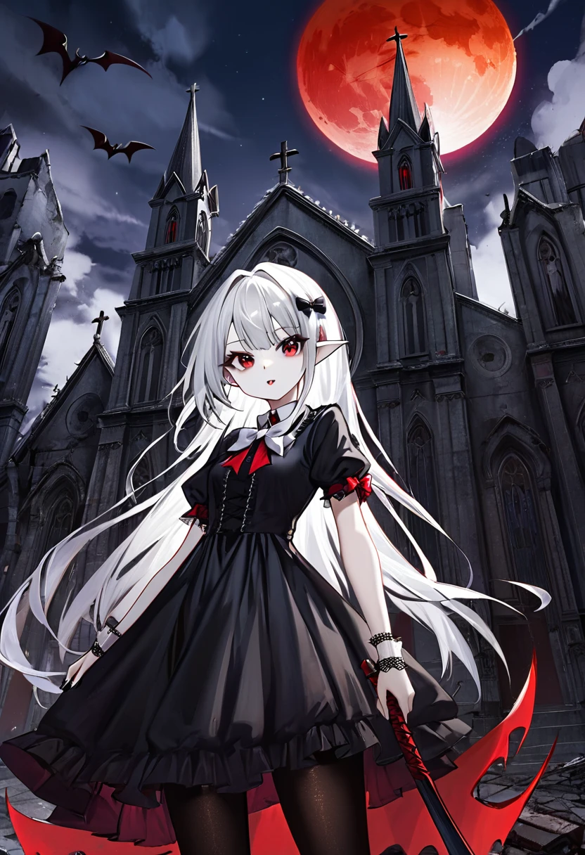 1 teenager girl, vampire, elf, young, black gothic dress, black tights, red eyes, white hair with bow, red scythe, scythe, against the backdrop of the red moon, abandoned gothic church, night, looking at viewer, majestic pose, 8k, masterpiece, high res, ultrasharp