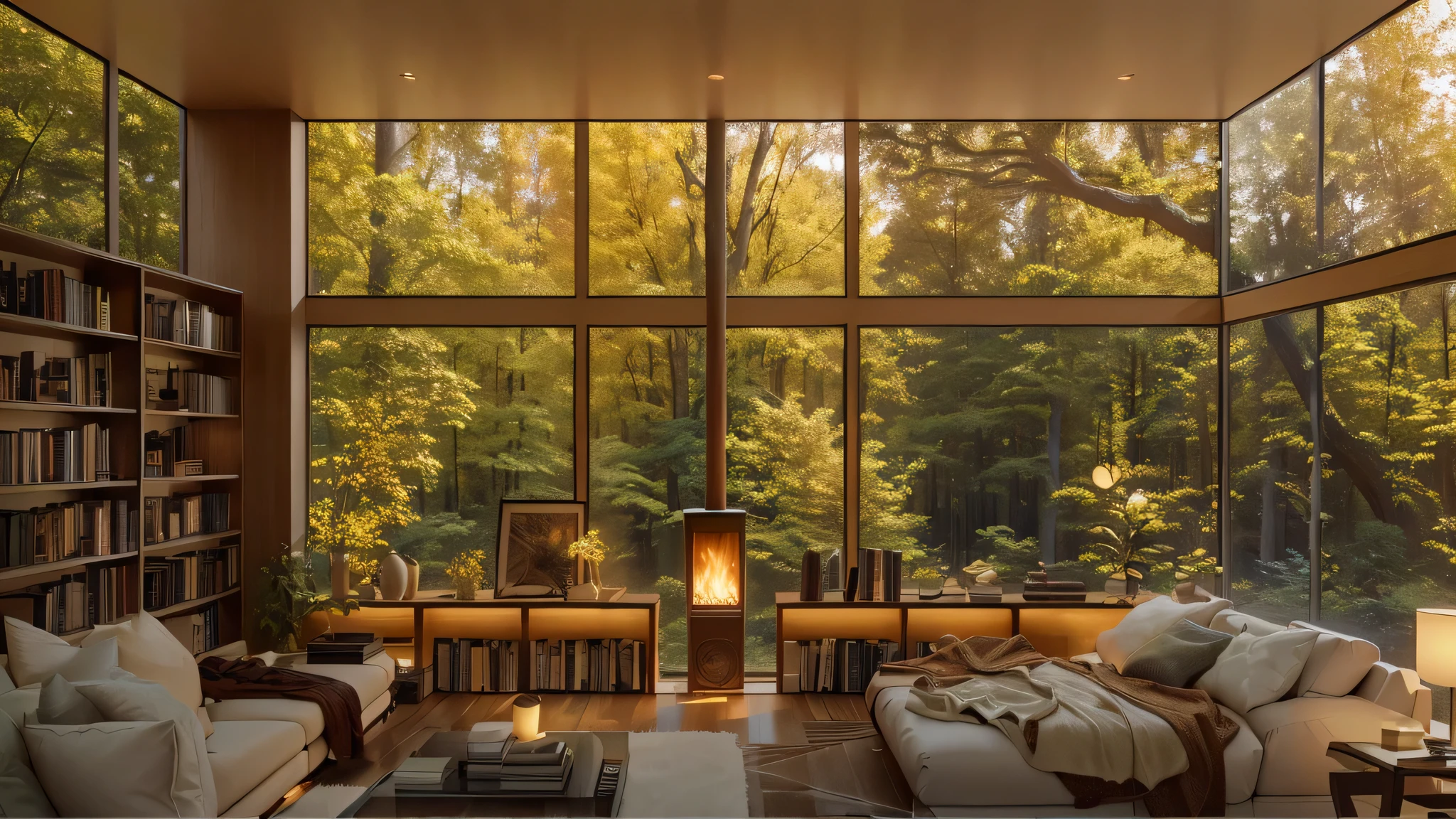 Arav view of the living room with sofa, Chair, and bookshelves, The forest can be seen through the large windows at night, Modern house in the woods, Ultra-realistic VRay rendering, Natural window lighting, Lush trees and warm windows, vray 8k rendering, Simple wooden house, Floor-to-ceiling windows, Unreal Engine photorealistic rendering, Warm indoors