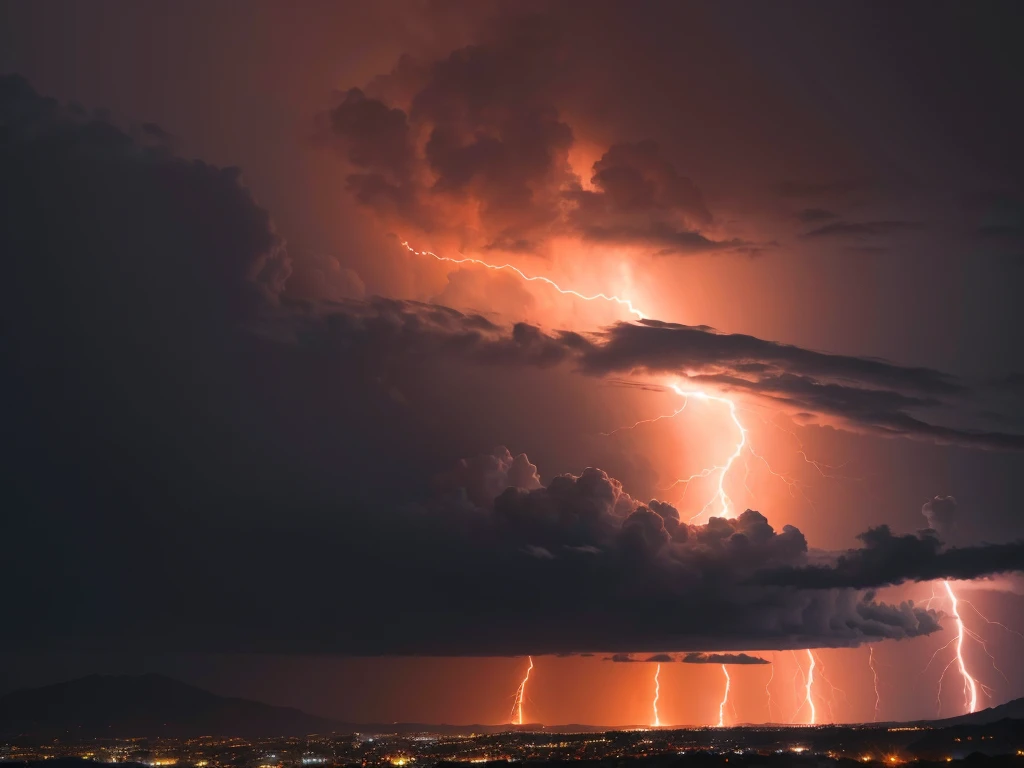 ((best qualityer)), ((work of art)), (detailded), paisaje, orange background, tempest, cyclone rounded by many lightnings, mountainscape, 1920x1080px