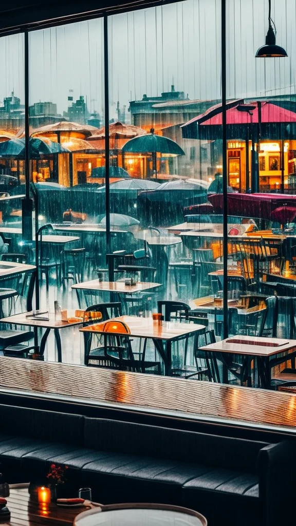 rain,Inside the cafe,View from the window,A broader perspective,Chic cityscape,busy,mysterious,warm color