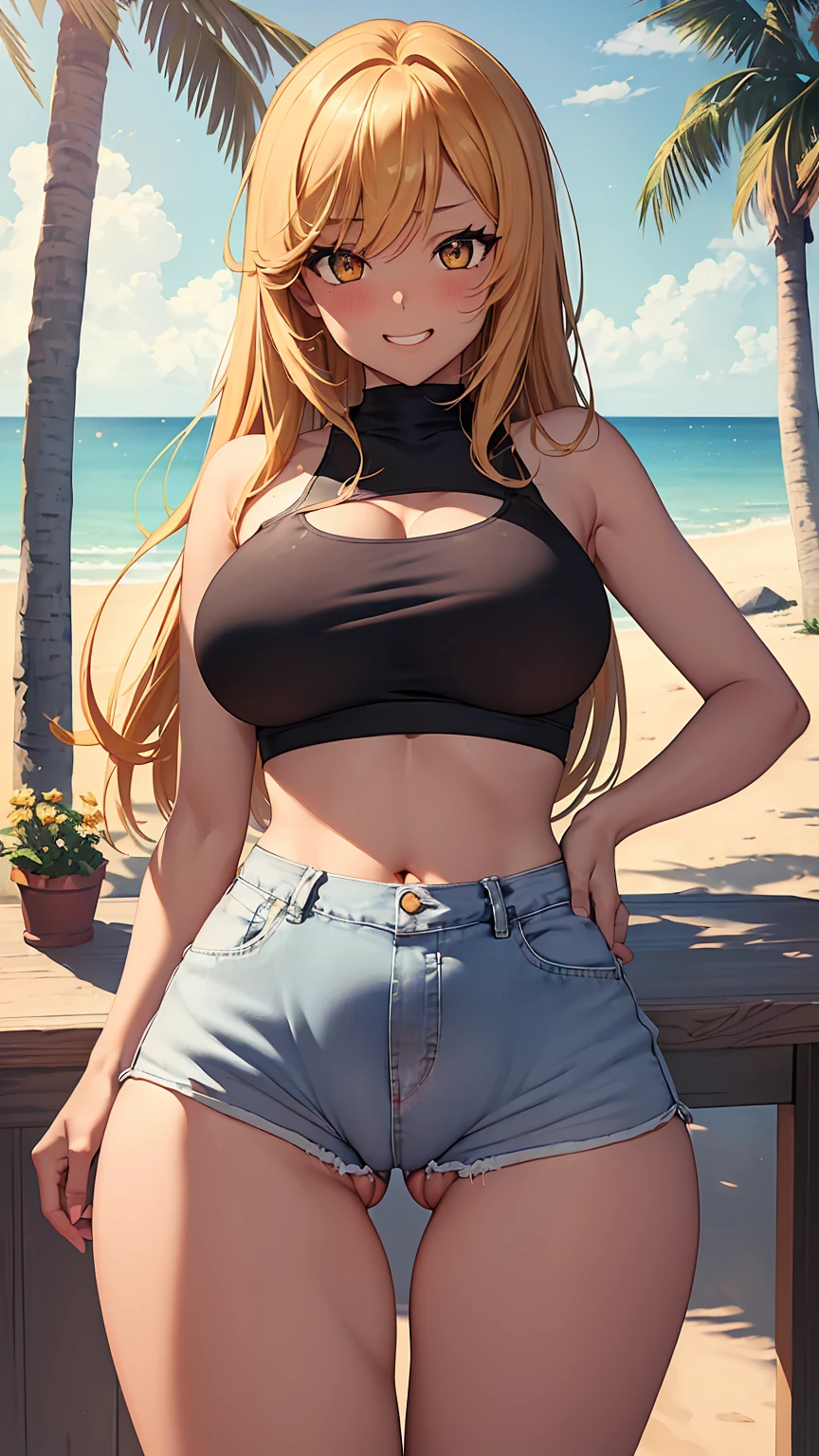 (((((visible pussy outline under shorts))))), (((The shorts buried in the pussy))), 1girl, anime girl, anime, (dark skin), 2d girl, 16y, (fullbody), standing, anime girl, golden eyes, seductive grin, (golden hair), shirt, Solo, Slim, large breasts, big , big Breasts, Tight Shorts, low waist shorts, upshorts, The night beach background, city lights, looking at viewer, darker shadows, (((explicit))), (((shorts))), (((absurdres))), (((thigh gap))), (((cameltoe))), (((cleft of venus))), (((lowleg shorts))),