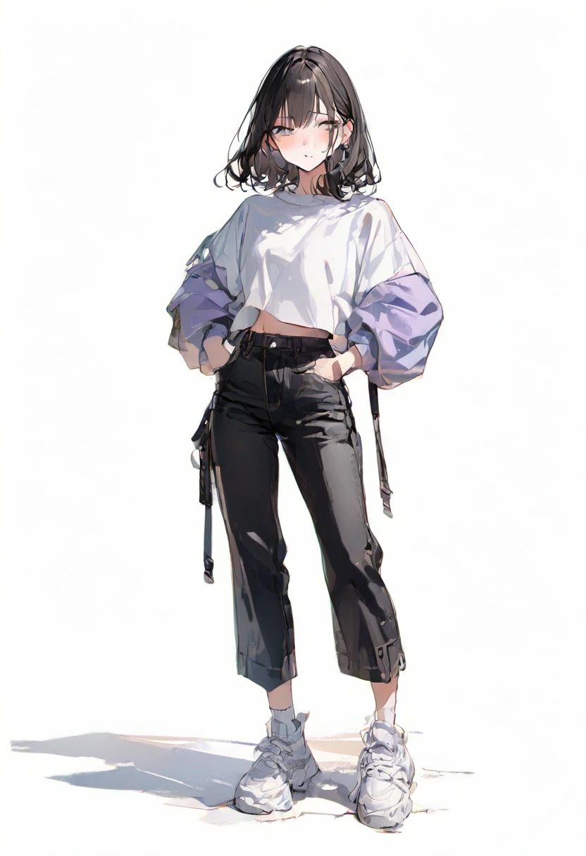 (Masterpiece, Best Picture Quality: 1.2, 8K), Centered, Full Length, One Adult Girl, Cool Fashion, Pants, Simple Sneakers, Simple Background, White Background, Open Eyes, Delicate Eyes, Beautiful Eyes,