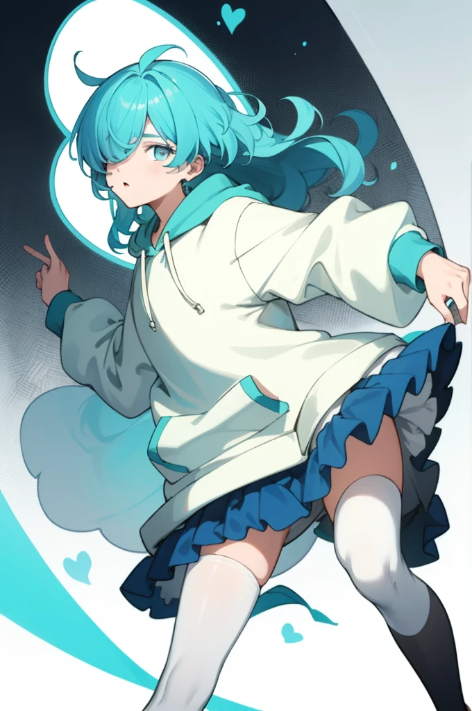 score_9, score_8_up, score_7_up, score_6_up, 1boy, long cyan hair, hair over one eye, oversized hoodie, exposed lower half, heart shaped floating icons