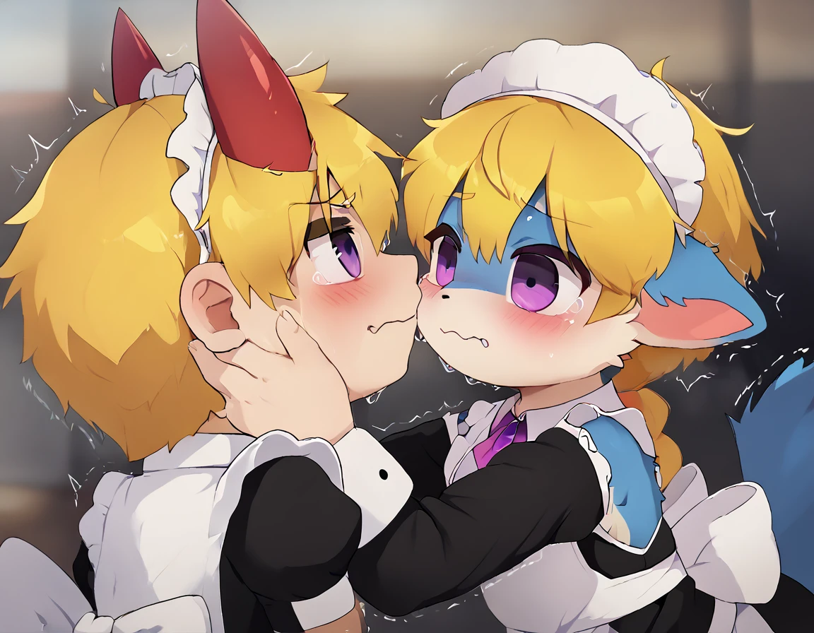 A male dragon have blue fur with 2 red horn on the head, yellow hair and purple eyes, wear maid clothes being touching and having raped by a fat human old man 80 year old with body trembling and uncomfortable face
