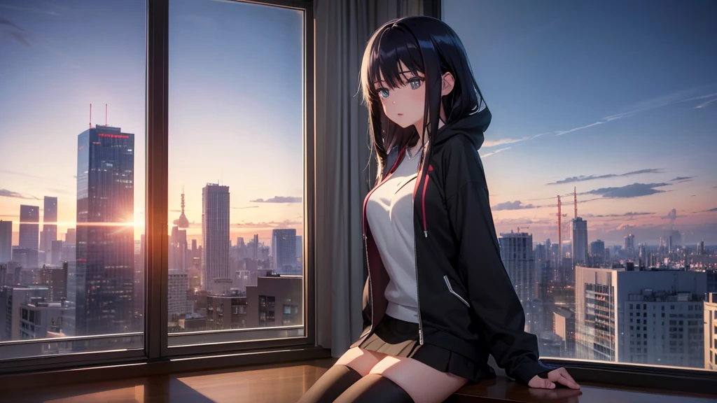 Ultra-high resolution, 8k, (Official Art, beautifully、mysterious:1.2), Anime Art Wallpaper, Works by Makoto Xin Haicheng, Lofi Art Style, Lo-fi feel, Perfect human body engineering, 1 female, Impressive eyes, Oversized hoodie and short skirt, Shiny long black hair, Larger than average bust, Listening to music through headphones, Looking out the window, City Room, A room for music lovers, city view from the window, Impressive cityscape, Bright Sky, meteor, Wide angle, Before dusk