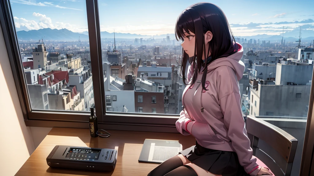 Ultra-high resolution, 8k, (Official Art, beautifully、mysterious:1.2), Anime Art Wallpaper, Works by Makoto Xin Haicheng, Lofi Art Style, Lo-fi feel, Perfect human body engineering, 1 female, Impressive eyes, Oversized hoodie and short skirt, Shiny long black hair, Larger than average bust, Listening to music through headphones, Looking out the window, City Room, A room for music lovers, city view from the window, Impressive cityscape, Bright Sky, meteor, Wide angle, Before dusk