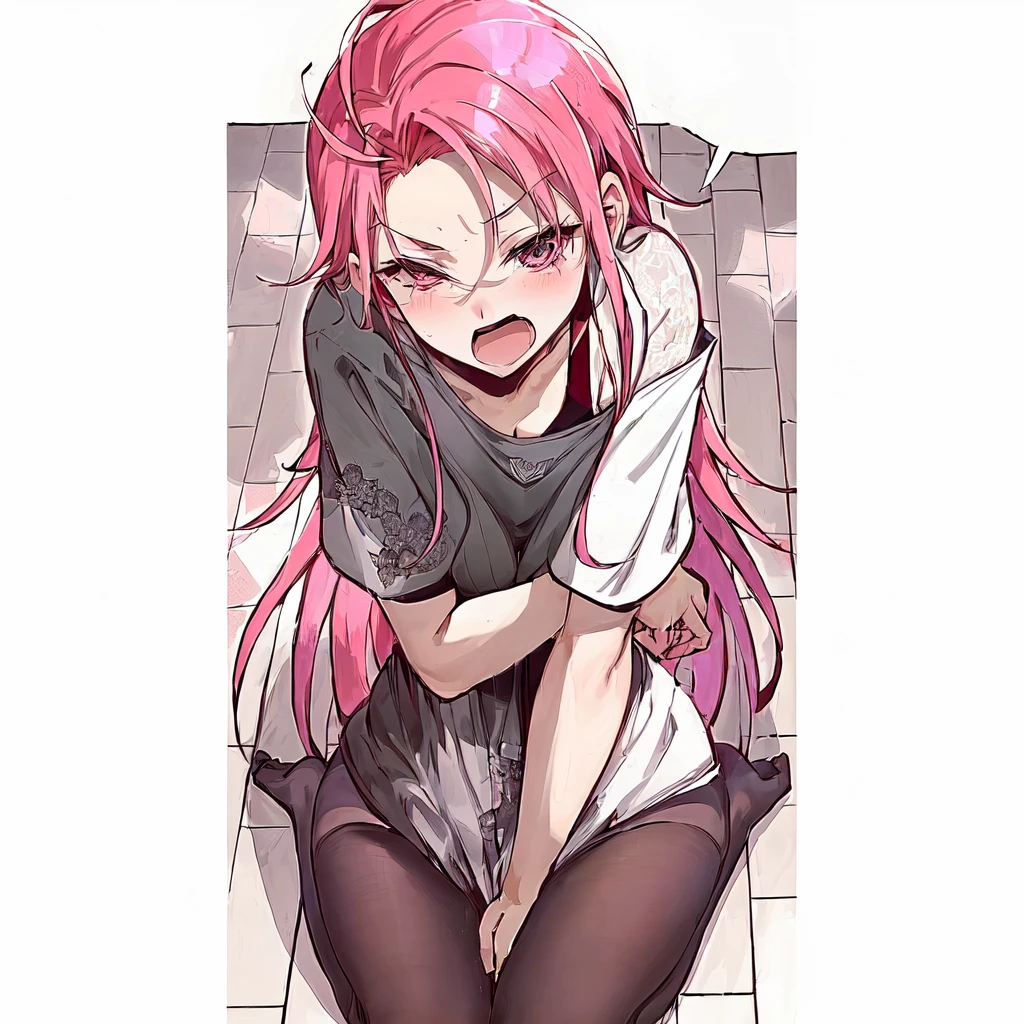 anime girl with pink hair sitting on the floor with her hands on her knees, the anime girl is crouching, beautiful anime girl squatting, gapmoe yandere, rias gremory, haruno sakura, sakura haruno, humanoid pink female squid girl, (anime girl), hugging her knees, top rated on pixiv, boy with a mean face, garota sensuous, big boobies, ((huge boobies)) beautiful breasts, detailedeyes, 8K eyes, wearing sexy dress, white lace dress, big boobies, sexy girl, sensuous