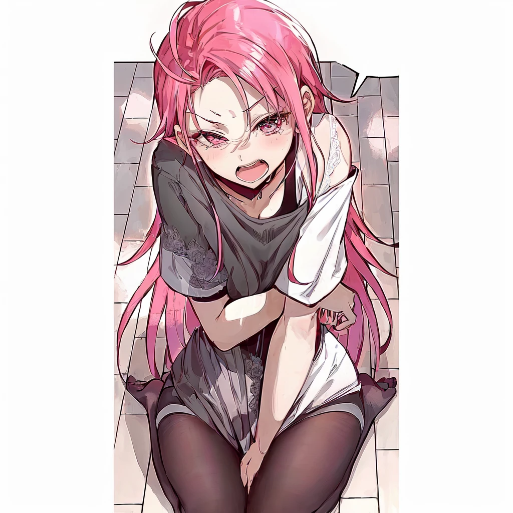 anime girl with pink hair sitting on the floor with her hands on her knees, the anime girl is crouching, beautiful anime girl squatting, gapmoe yandere, rias gremory, haruno sakura, sakura haruno, humanoid pink female squid girl, (anime girl), hugging her knees, top rated on pixiv, boy with a mean face, garota sensuous, big boobies, ((huge boobies)) beautiful breasts, detailedeyes, 8K eyes, wearing sexy dress, white lace dress, big boobies, sexy girl, sensuous