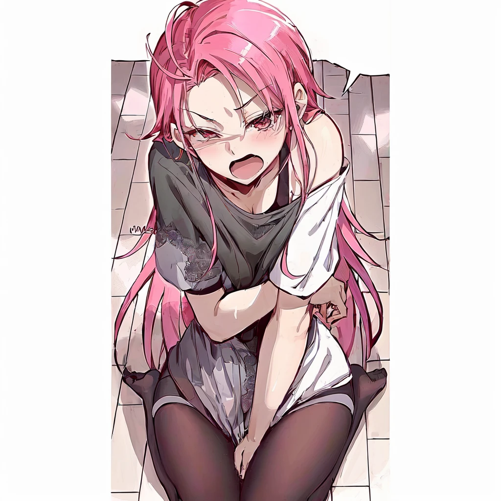 anime girl with pink hair sitting on the floor with her hands on her knees, the anime girl is crouching, beautiful anime girl squatting, gapmoe yandere, rias gremory, haruno sakura, sakura haruno, humanoid pink female squid girl, (anime girl), hugging her knees, top rated on pixiv, boy with a mean face, garota sensuous, big boobies, ((huge boobies)) beautiful breasts, detailedeyes, 8K eyes, wearing sexy dress, white lace dress, big boobies, sexy girl, sensuous