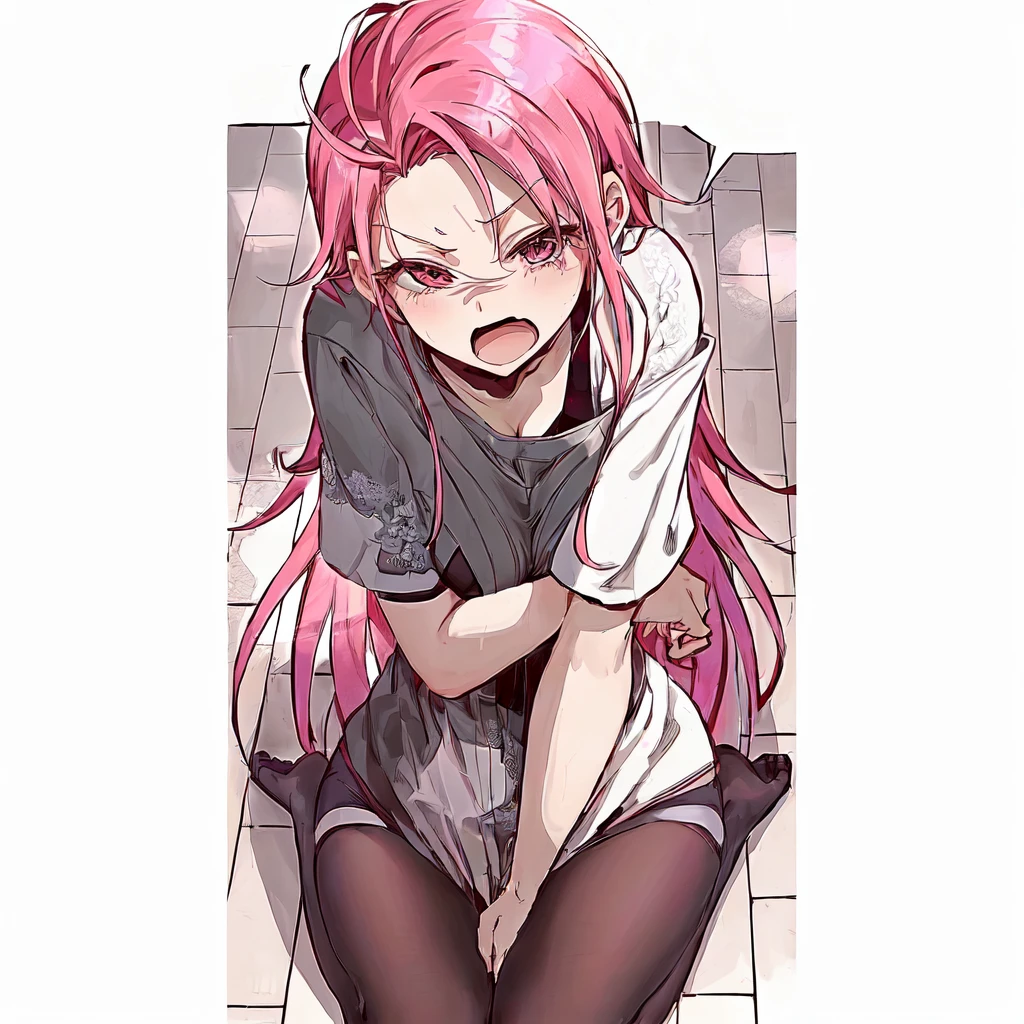 anime girl with pink hair sitting on the floor with her hands on her knees, the anime girl is crouching, beautiful anime girl squatting, gapmoe yandere, rias gremory, haruno sakura, sakura haruno, humanoid pink female squid girl, (anime girl), hugging her knees, top rated on pixiv, boy with a mean face, garota sensuous, big boobies, ((huge boobies)) beautiful breasts, detailedeyes, 8K eyes, wearing sexy dress, white lace dress, big boobies, sexy girl, sensuous