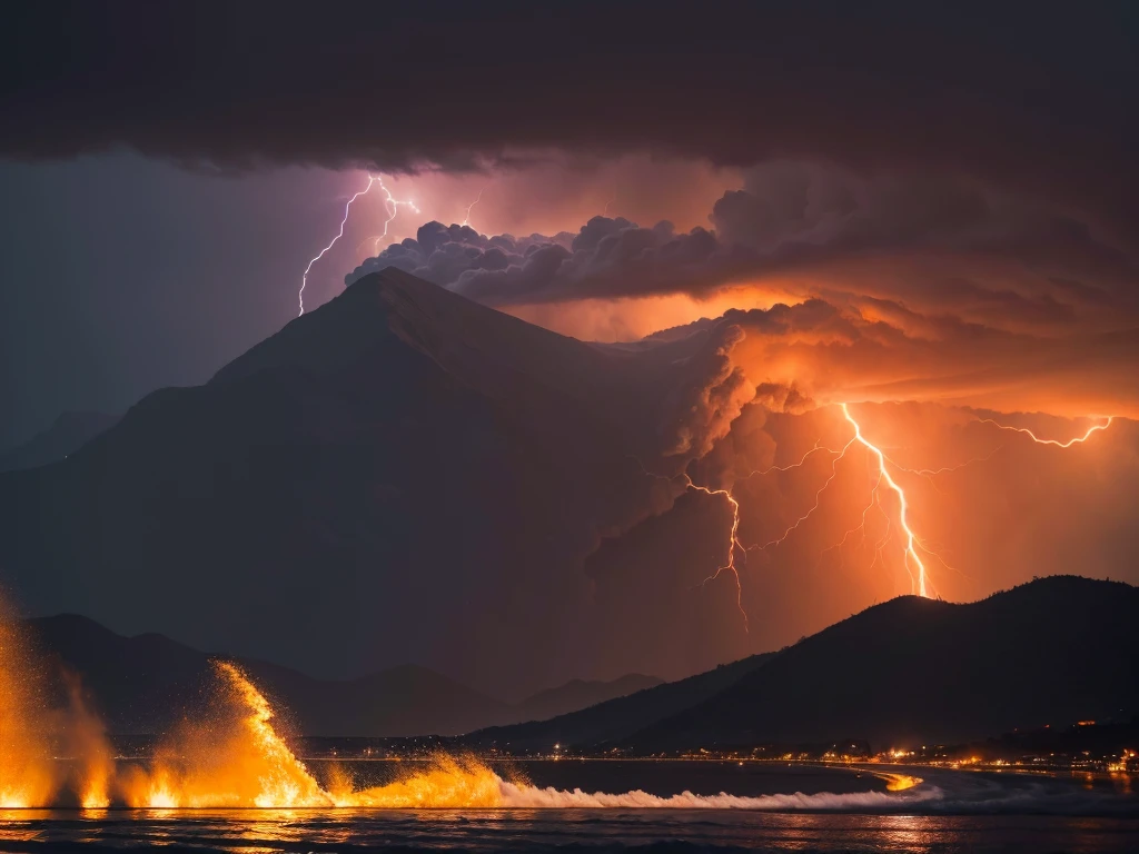 ((best qualityer)), ((work of art)), (detailded), paisaje, orange background, tempest, centered cyclone rounded by many lightnings, mountainscape, 1920x1080px