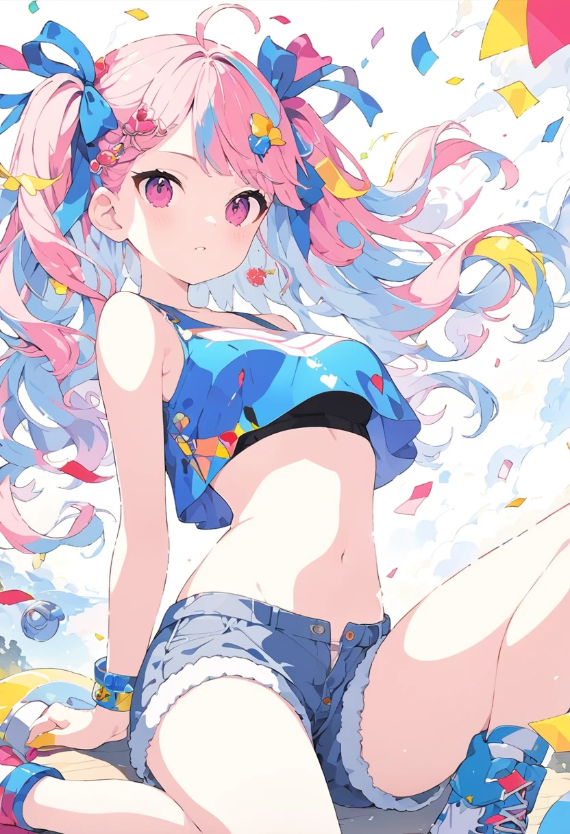 Momoko Sakura Style、8K quality、Intense watercolor,, Watercolor splash, Surreal, Avant-garde pop art, Beautiful and expressive paintings, Beautiful artwork illustration, Very colorful tones, wonderful, Cool Beauty, Highest quality、Official Art, Vector art, Stylish design, (((The most beautiful girl))), (Confetti),((Thin legs))、(((Highest quality))), High resolution, ((detailed)), (((Doodle Art)), ((masterpiece)), ((Super detailed)),(((Crop top,Shorts))),,(Sexual)