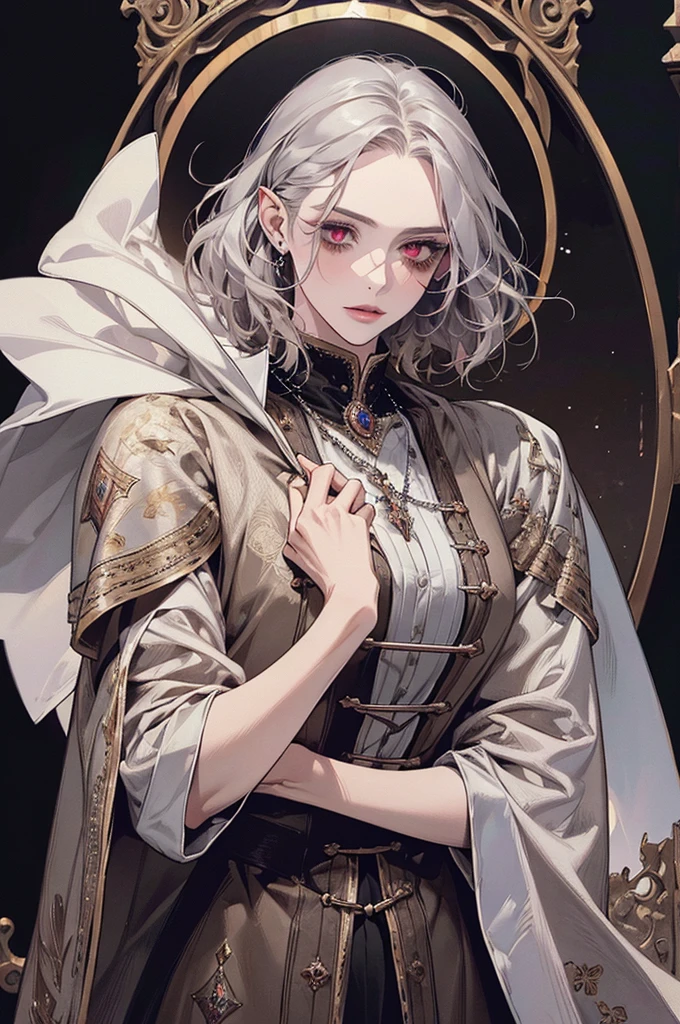 femme de 50 ans, Middle-aged European, ((trentenaire)), solo, medieval tavern, [ghotic] full lips, androgyne, [[Short hair]], (visage de forme ovale), (Heavenly Nose), wears a cape, peau claire et chaude, red eyes, doe eyes, short hair, very silver hair, very light, wavy hair, elfe ears, Long cils, ((dark medieval clothes)), Glow, ghotic, elegant, tendance sur artstation, makeup, lipstick, inkshadow, (((Masterpiece artwork))), ((best quality)), ((complex detailed)), ((semi-realistic)), (se concentrer uniquement), (visage parfait:1.1), (high detail:1.1), dark