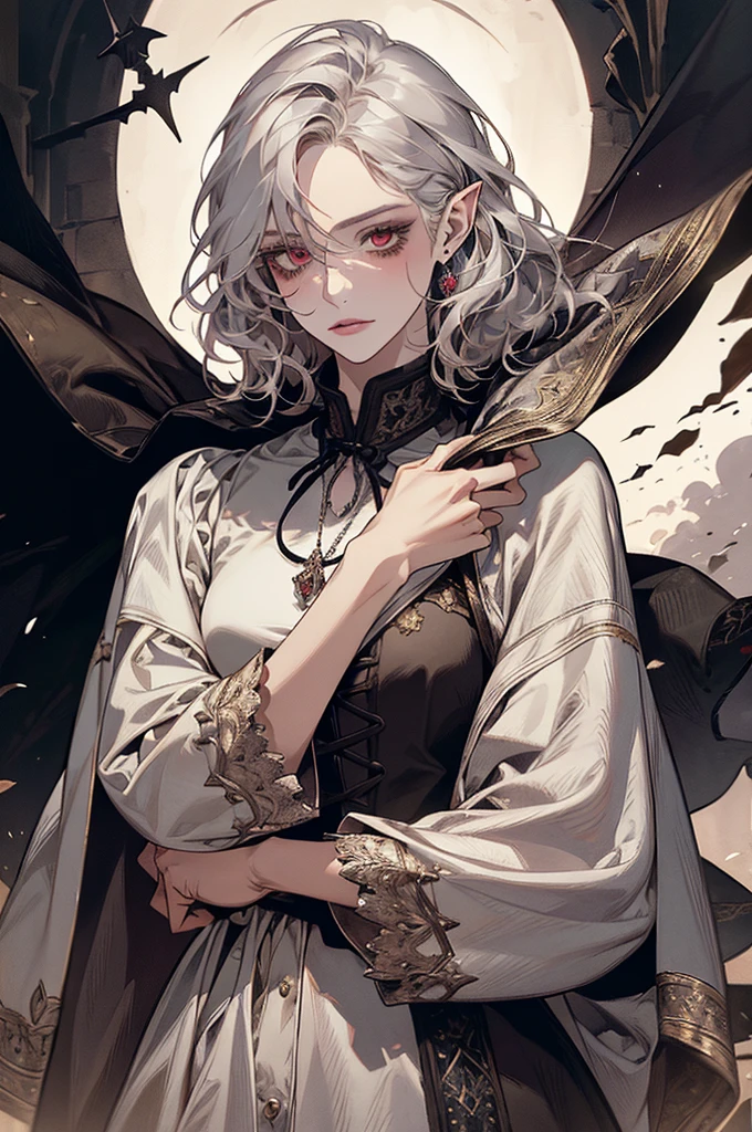 femme de 50 ans, Middle-aged European, ((trentenaire)), solo, medieval tavern, [ghotic] full lips, androgyne, [[Short hair]], (visage de forme ovale), (Heavenly Nose), wears a cape, peau claire et chaude, red eyes, doe eyes, short hair, very silver hair, very light, wavy hair, elfe ears, Long cils, ((dark medieval clothes)), Glow, ghotic, elegant, tendance sur artstation, makeup, lipstick, inkshadow, (((Masterpiece artwork))), ((best quality)), ((complex detailed)), ((semi-realistic)), (se concentrer uniquement), (visage parfait:1.1), (high detail:1.1), dark