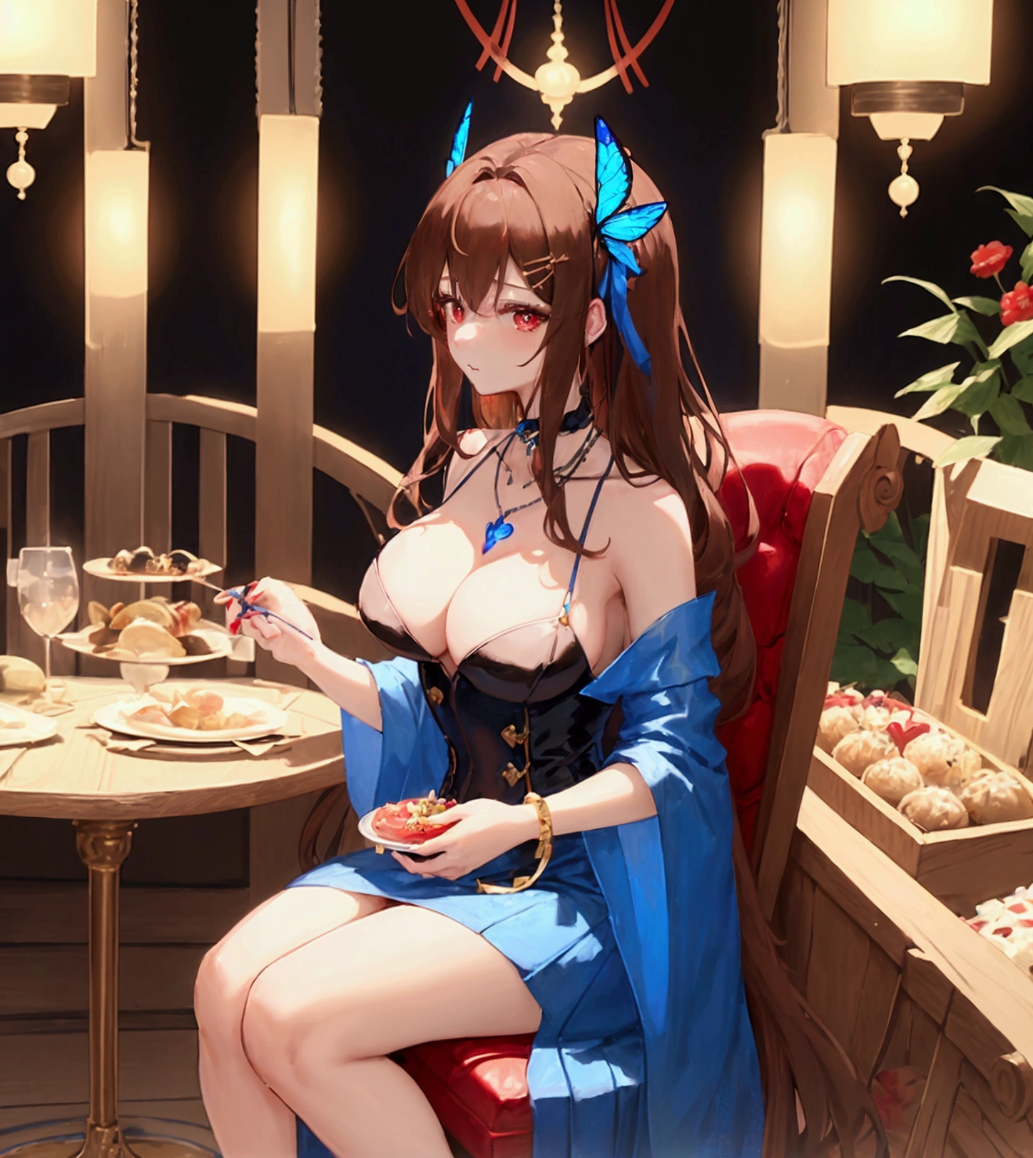 ((최고의 품질)), ((걸작)), (상세한), 여자 1명, brown color hair , Create an anime-style digital artwork of a character with long, straight, sleek light brown hair and bright red eyes. The character is wearing a black dress and accessorized with a blue butterfly pendant necklace and a red heart-shaped hairpin. She is seated at a grand banquet, surrounded by an array of exquisite dishes. The character is about to take a bite of food, with an elegant posture and a serene expression. The background should be richly decorated, reflecting the opulence of the banquet setting.