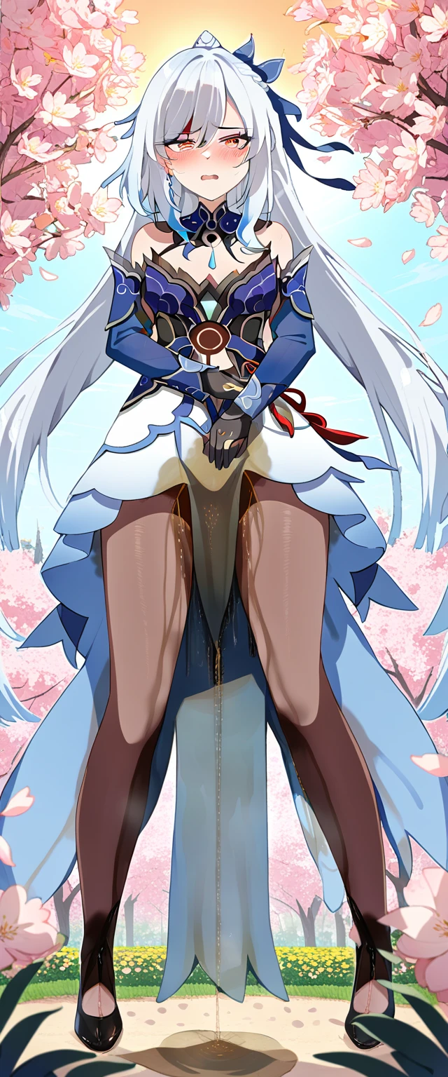 (masterpiece:1.37), best quality, (extremely detailed:1.37), (1girl:1.5), woman, (mature:1.5), (adult:1.5), jingliu, white hair, long hair, ponytail, hair ribbon, red eyes, earrings, jewelry, dress, pantyhose, (pelvic curtain:1.5), (extremely detailed eyes:1.37), (wetting self:2.0), desperation, standing, embarrassed, humiliation, blushing, angry, cherry blossoms, garden, (golden hour:1.5), full body, legs crossed