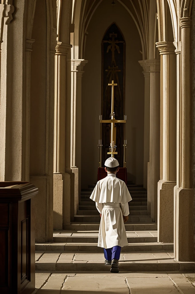 Altar boy walking on a path elevated to heaven where the Altar and God are located