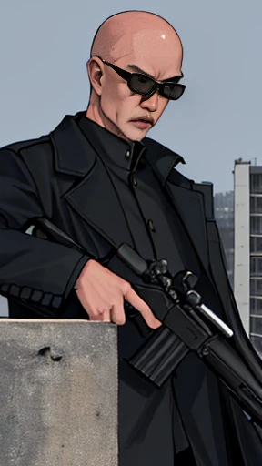 highres, 8k, ultra-detailed, realistic, photorealistic, cinematic, dramatic, masterpiece, 63 years old japanese man, bald, sniper, sniper rifle:1.4, on top of building, aiming rifle, taking shot:1.5, wearing sunglasses, long coat, precise, intense, action, focused, determined expression