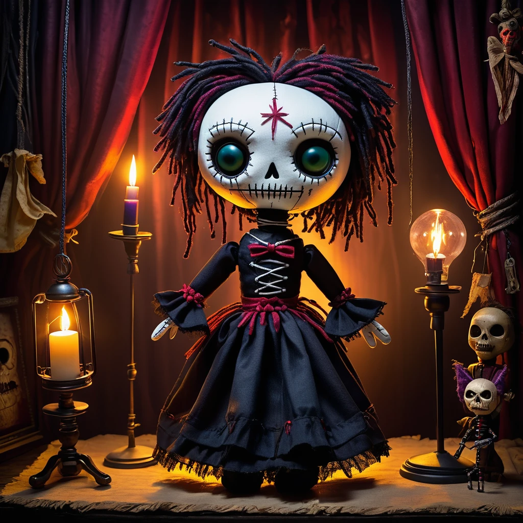 (knitted toy voodoo doll:1.5), (Voodoo Puppeteer:1.3), (Clothing: dark, elegant attire with marionette patterns:1.0), (Accessories: enchanted puppet strings emitting a spectral glow, floating puppets:1.1), (background: eerie, decrepit theater with torn curtains, shadowy figures, and an atmosphere of sinister control:1.2), best quality, masterpiece, detailed soft oil painting, detailed background, dramatic cinematic lighting, soft edge lighting, professional, dramatic lighting, hard edge lighting, ultra quality, 4k, masterpiece, best quality, 8k, ultra high definition, high resolution, extremely detailed
