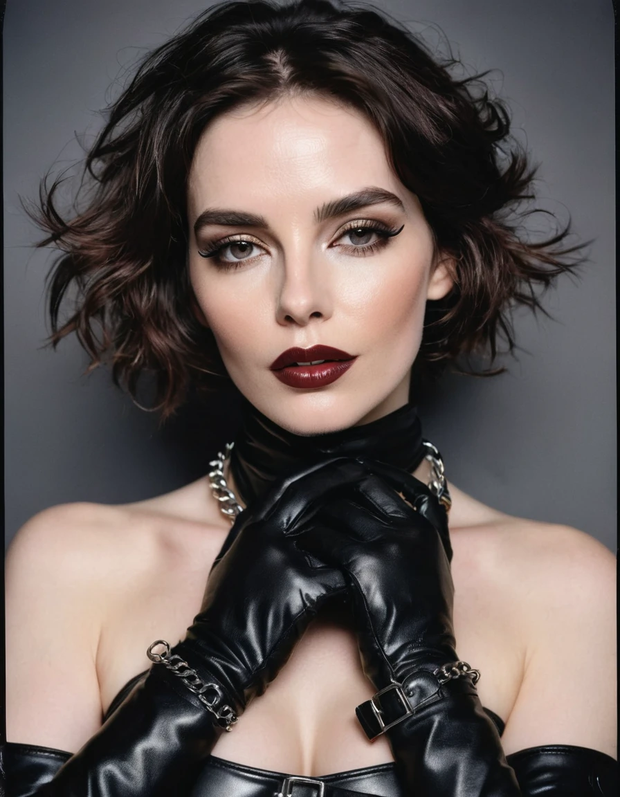A polaroid shot of an intelligent 35-year-old dominant brunette with disheveled hair, a very thin face, pale white skin, very high cheekbones, large full lips, the largest lips, small glasses, deep mouth, dark plump glossy lips, very bright makeup. Very thin. Naked sexy model. in bdsm style. Wearing in leather gloves. A magnificent hairstyle. Shiny steel bracelets on top of black gloves. and Shiny steel bracelet necklaces are on her wrists. On her head, face and mouth, she has a leather harness. Leather garters on his feet. Full body. standing with both hands on hips for a photo shoot. A sexy pose.