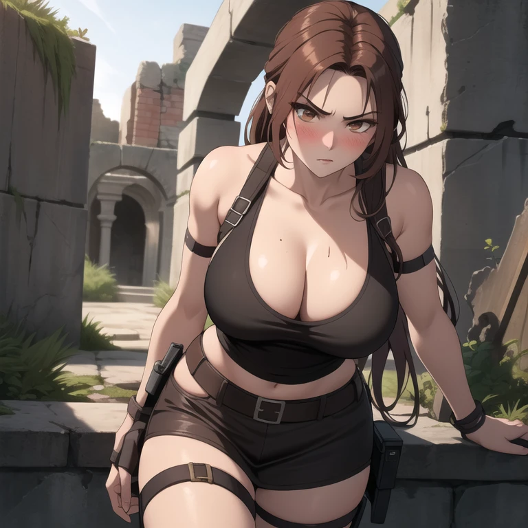  Lara croft woman 20 years old brown hair ,  red like ruby., serious expression, blush,  pale skin, big breasts, lara croft costume, Lara croft cosplay background some ancient ruins.